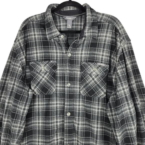 Eddie Bauer Fleece Shirt Jacket Men’s TXL Tall Gray Black Plaid Button Front - Picture 2 of 12